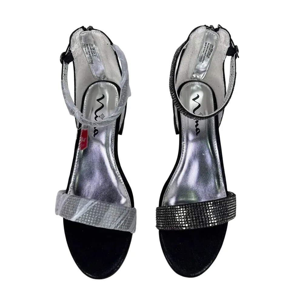 Nina Valetta Sandals Girls 6 C EU 38 Black Shimmer Rhinestone‎ Block Heel Strap